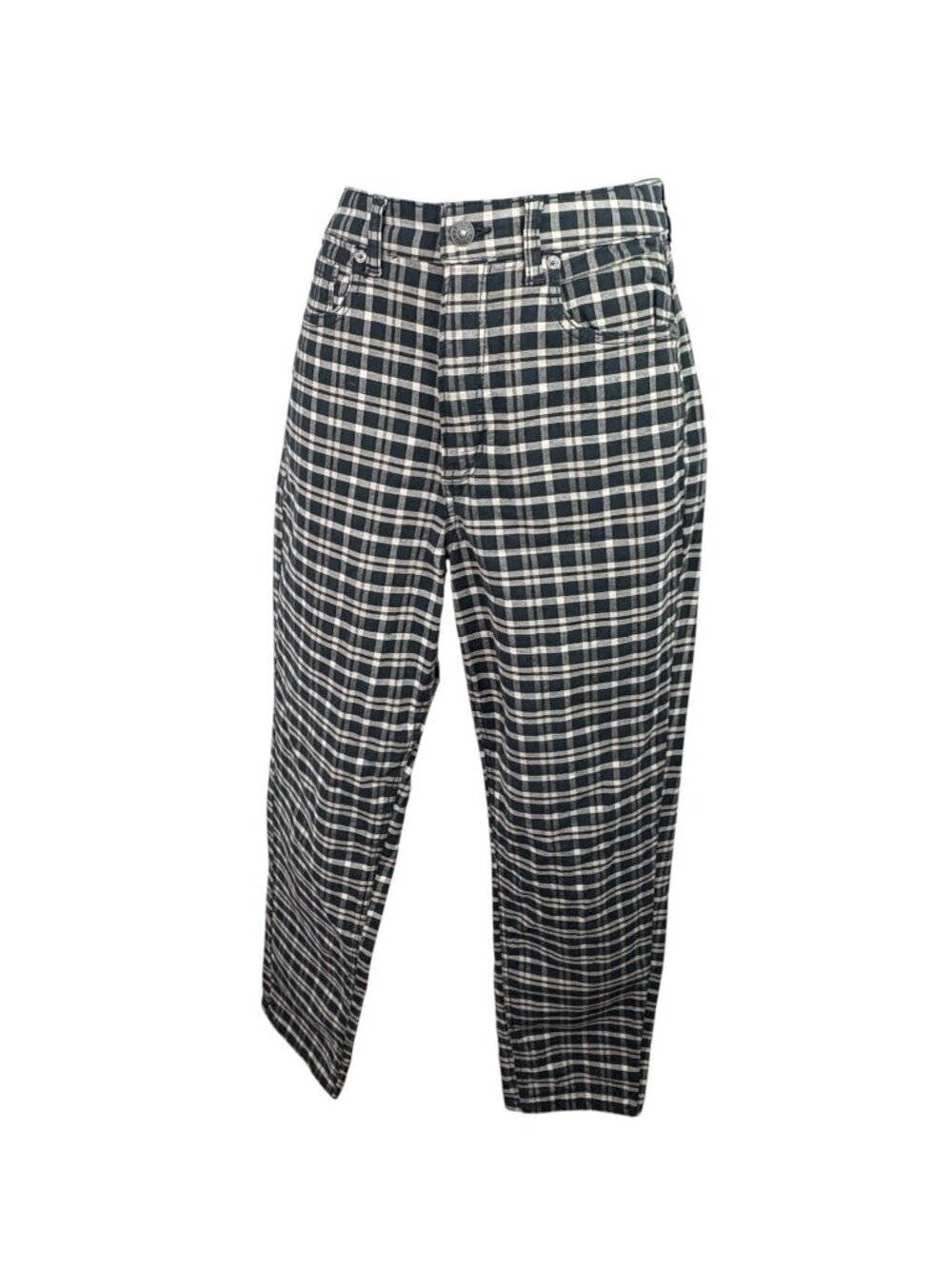 Emo Grunge SKA American Eagle Stretch Plaid Blue Tan Mom Jeans Women’s 8 Hi-Rise